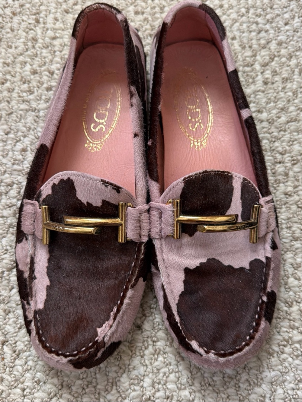 Tod's Pink and Brown Calf Hair Horsebit Loafers